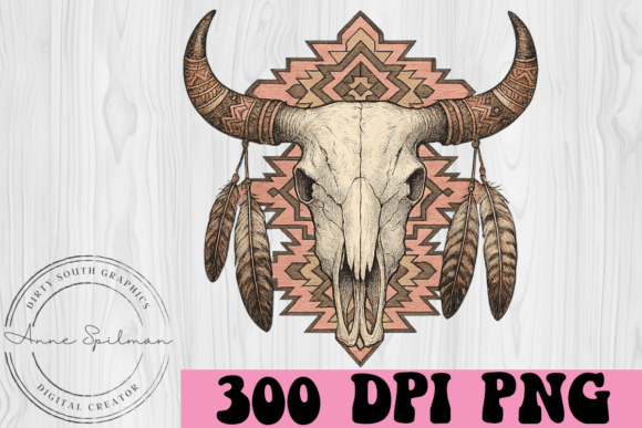 Western Bull Skull Feathers Design for Embroidery Projects